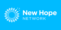 New Hope Network logo of graphic starburst icon and white type on light blue background