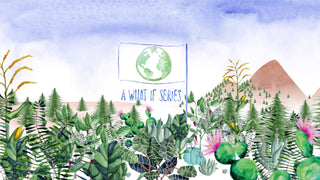 What If video series illustration with plants, mountains, and a flag with globe