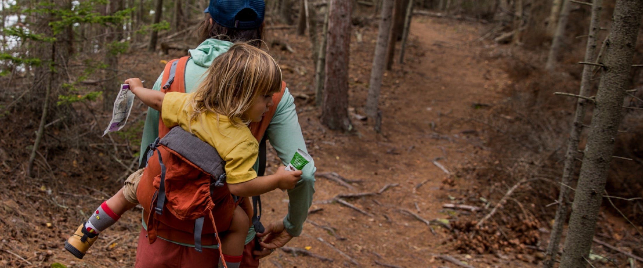 A parent carries a child in a pack along a trail in the woods