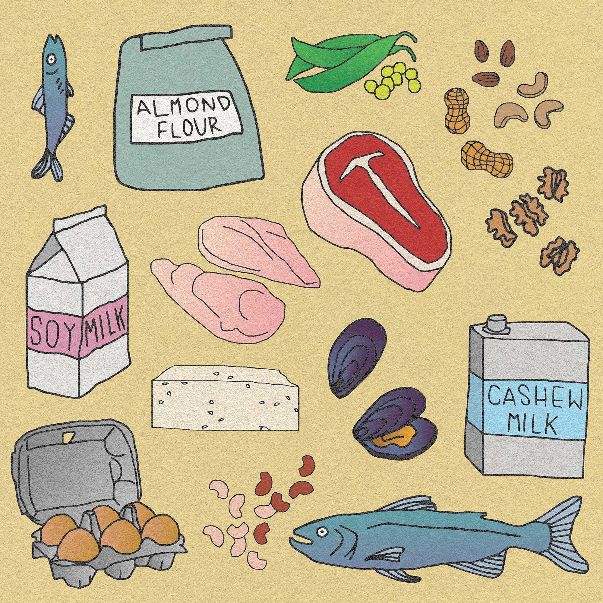 Illustration of gluten-free protein options, on a yellow background