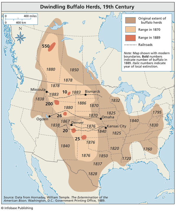 A map of dwindling buffalo herds in the 19th century in North America