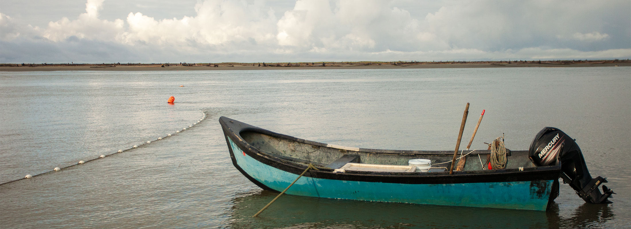 A small blue boat rests along the shore near a net extending out into the water