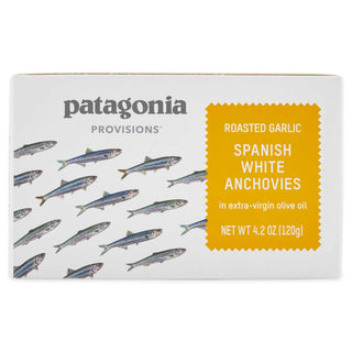 Patagonia Provisions Roasted Garlic Spanish White Anchovies box with yellow label and anchovies illustration