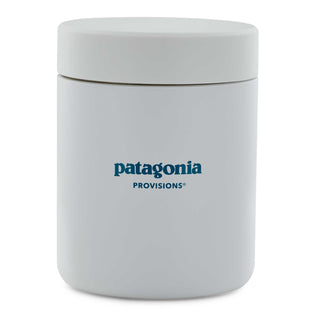 Back of white MiiR Food Canister with Patagonia Provisions logo