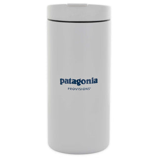 Back of white MiiR Travel Tumbler with Patagonia Provisions logo