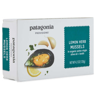 Patagonia Provisions Lemon Herb Mussels product package three quarter view