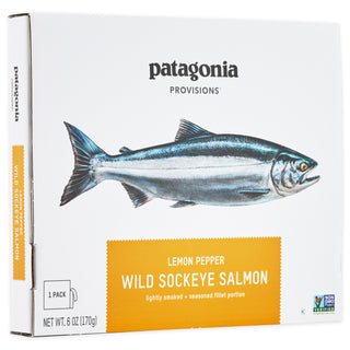Box of Patagonia Provisions Wild Sockeye Salmon with Lemon Pepper, three quarter view