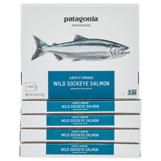 Five Boxes of Patagonia Provisions Sockeye Salmon, Original, on a white background
