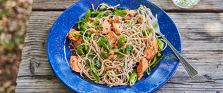 A blue plate of soba noodles and Patagonia Provisions Wild Sockeye Salmon