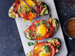 Avocado toast slices with Patagonia Provisions Wild Salmon, egg, and turmeric