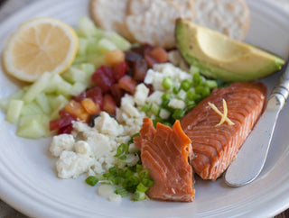 Cucumber, Avocado + Tomato Salad with Wild Salmon