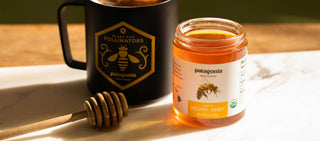 Patagonia Provisions honey next to black Power to the Pollinators mug and honey stick