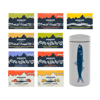 Collection of Patagonia food packaging and a thermos with a fish design on a white background