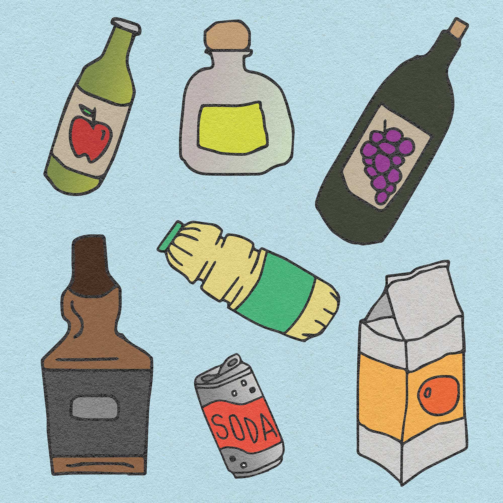 Illustration of gluten-free beverages on a light blue background
