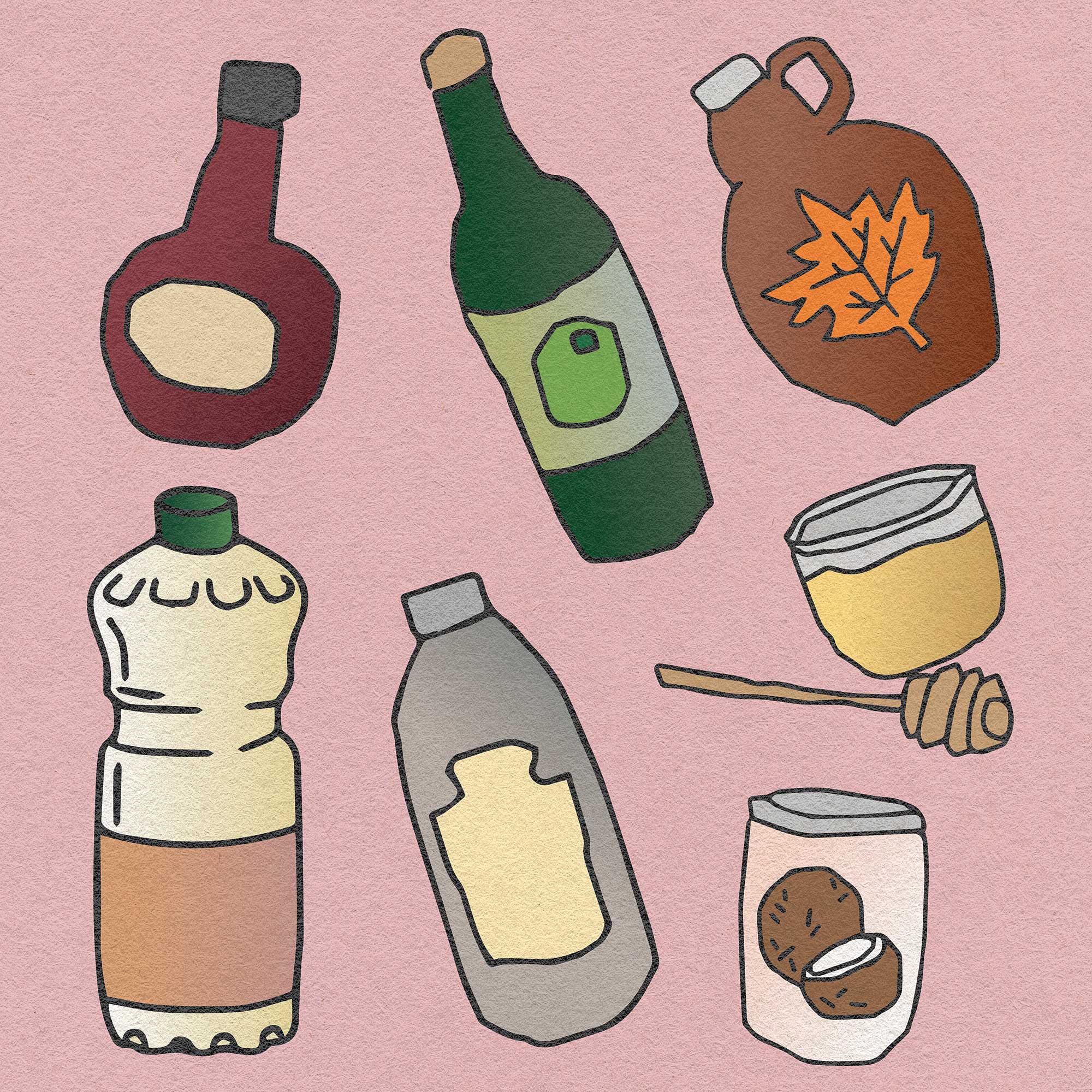 Illustration of gluten-free condiments on a rose colored background