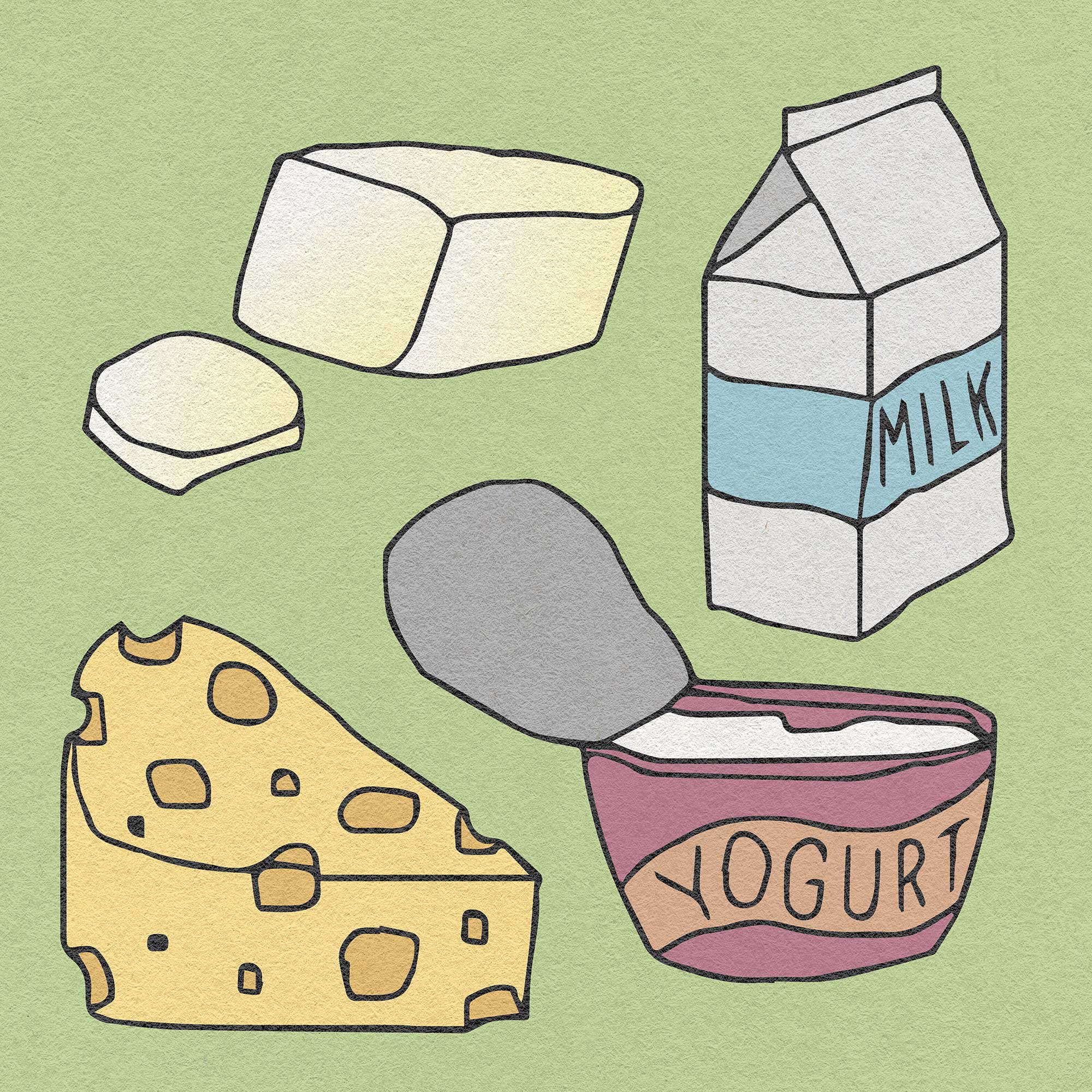 Illustration of gluten-free dairy food options, on a green background