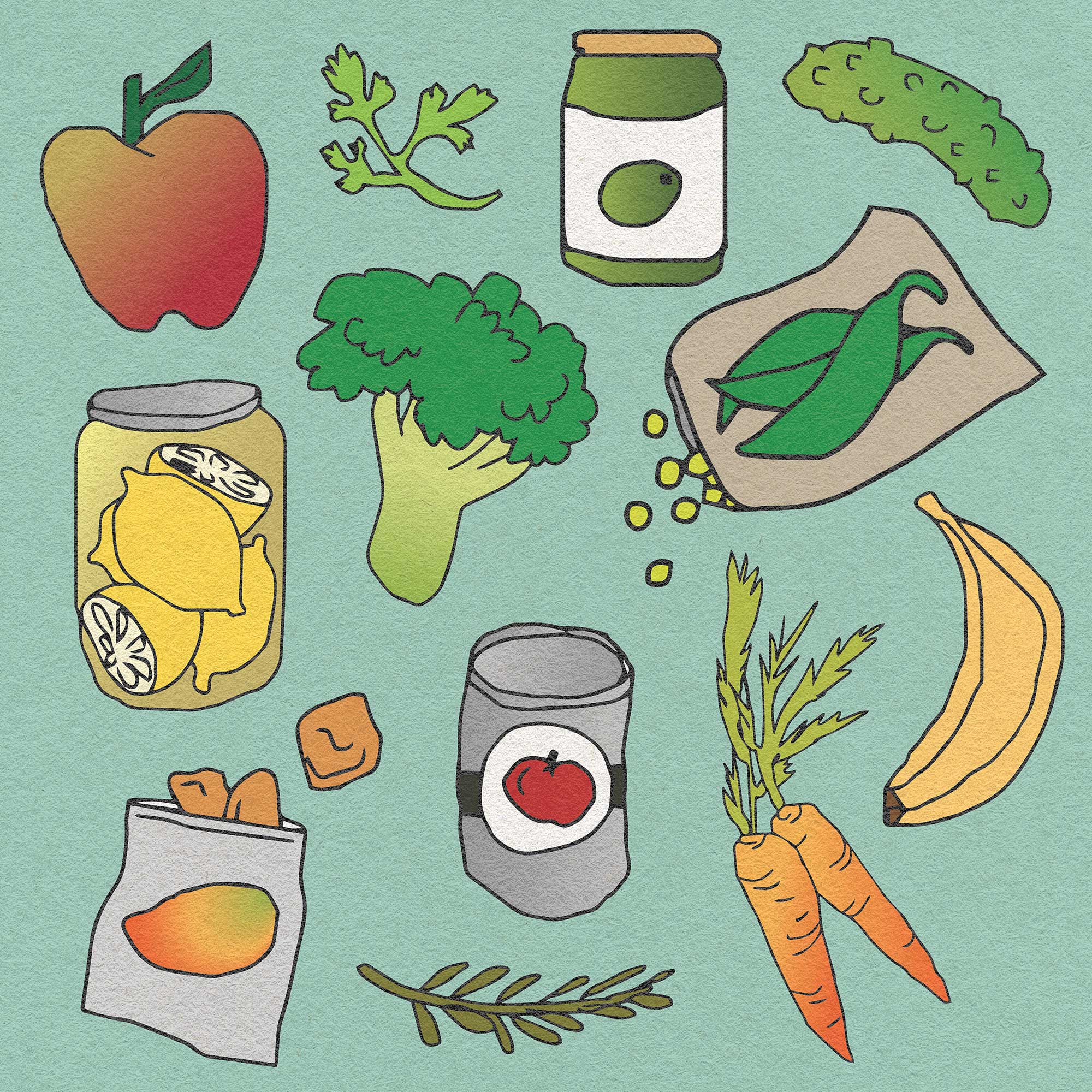 Illustration of gluten-free produce items on a green-blue background