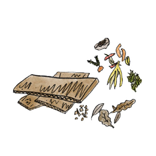Illustration of food and yard scraps gathered for compost pile