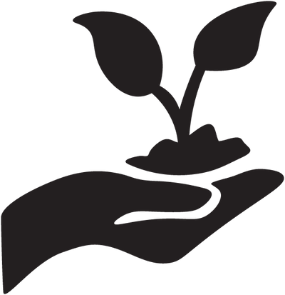 Hand-drawn icon of a hand holding a sprouting plant 