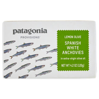 Patagonia Provisions Lemon Olive Spanish White Anchovies box with green label and anchovies illustration