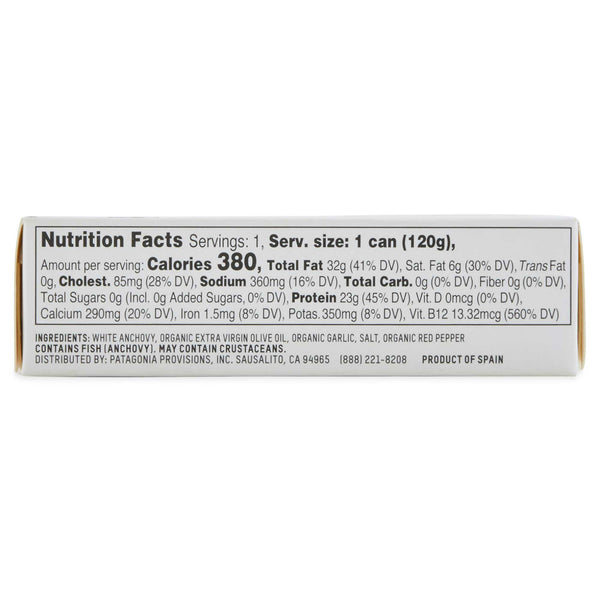 Patagonia Provisions Roasted Garlic Spanish White Anchovies box side with nutrition facts panel