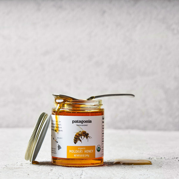 Open jar of Patagonia Provisions Organic Moloka'i Honey with spoon on light grey background