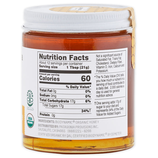 Side of Patagonia Provisions Organic Moloka'i Honey jar with nutrition facts panel