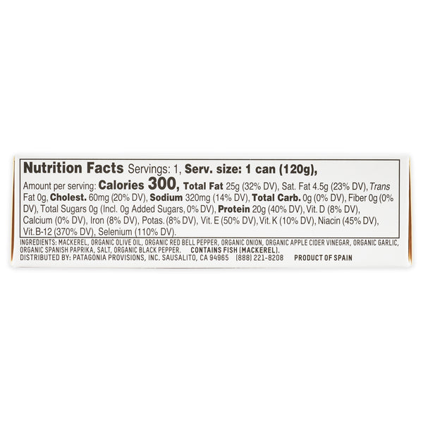 Spanish Paprika Mackerel from Patagonia Provisions package side with nutrition facts panel