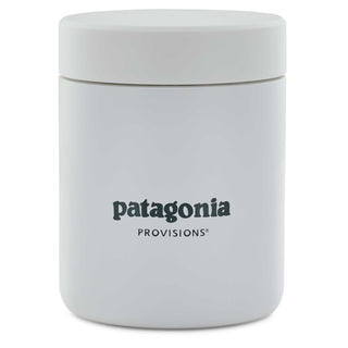 Back of white MiiR Food Canister with Patagonia Provisions logo