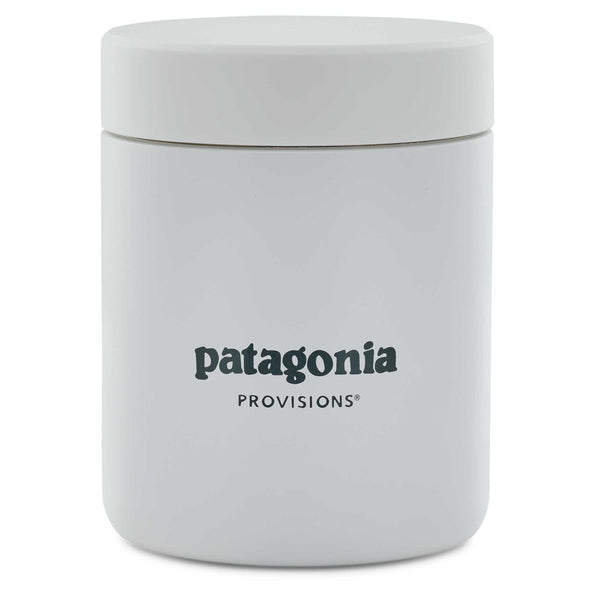 Back of white MiiR Food Canister with Patagonia Provisions logo