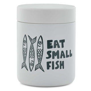 White MiiR Food Canister with illustration of three fish beside hand lettered Eat Small Fish message