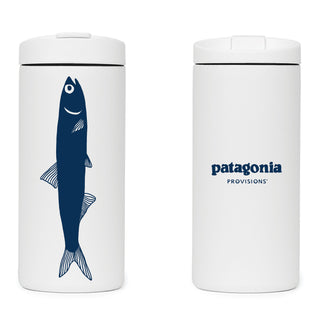 Two white MiiR Travel Tumblers showing front and back with blue anchovy illustration