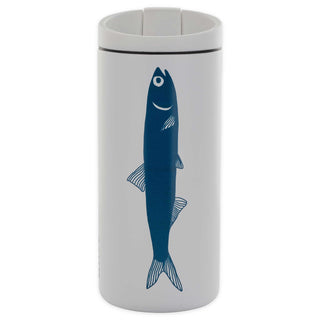 White MiiR Travel Tumbler with blue anchovy illustration