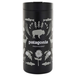Front of black MiiR Travel Tumbler with grey illustrations of animals and plants