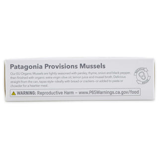 Patagonia Provisions Lemon Herb Mussels product package side with description