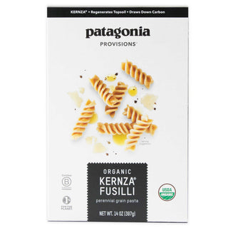 Box front of Patagonia Provisions Organic Kernza Fusilli pasta