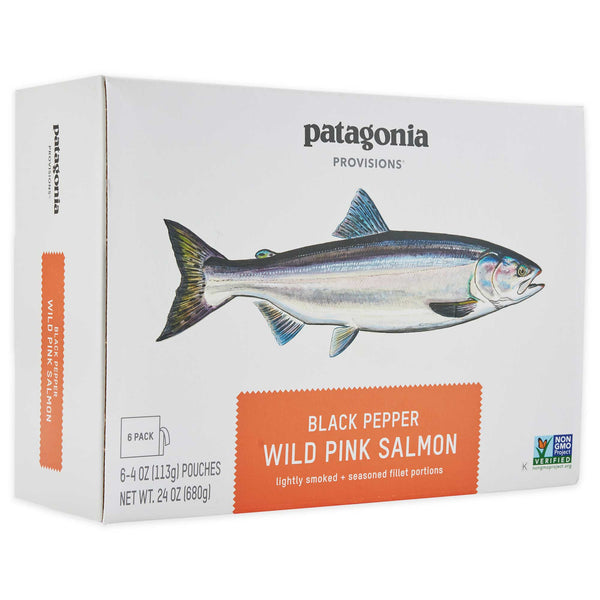 Wild Lummi Island Pink Salmon, 1 box of Black Pepper flavor (6-4oz Packs) on white background, front