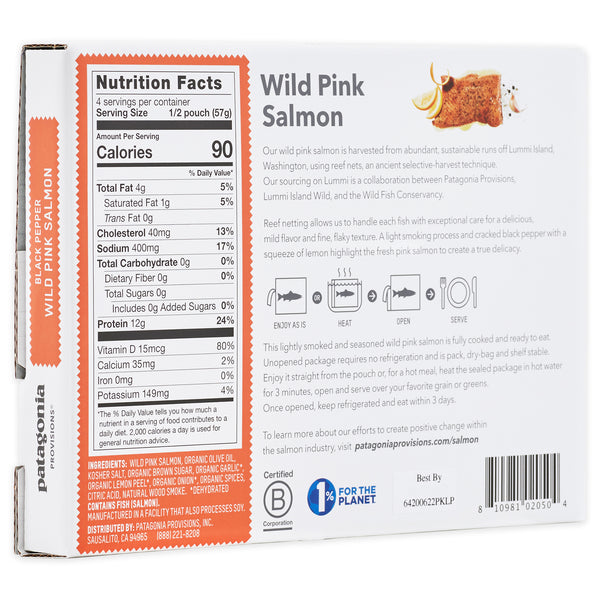 Wild Lummi Island Pink Salmon, 1 box of Black Pepper flavor (6-4oz Pouches) on white background, three quarter view of back