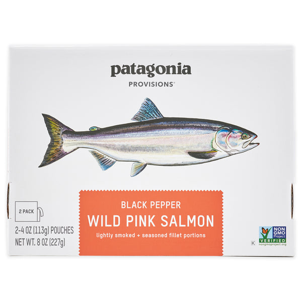Wild Lummi Island Pink Salmon, 1 box of Black Pepper flavor (2-4oz Packs) on white background, front