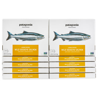 Ten Boxes of Patagonia Provisions Sockeye Salmon, Lemon Pepper, on a white background