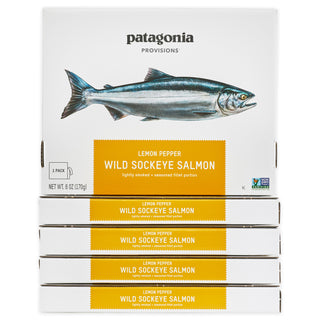 Five Boxes of Patagonia Provisions Sockeye Salmon, Lemon Pepper, on a white background