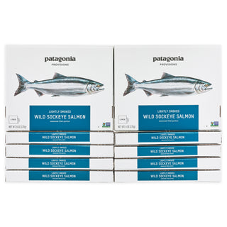 Ten Boxes of Patagonia Provisions Sockeye Salmon, Original, on a white background