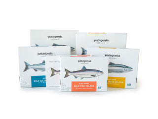 Patagonia Provisions Wild Salmon Variety Pack boxes of sustainable wild sockeye and wild pink salmon standing on a white surface
