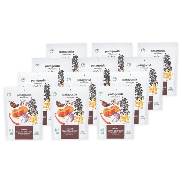 12 Packages of Patagonia Provisions Organic Black Bean Soup Mix on white background