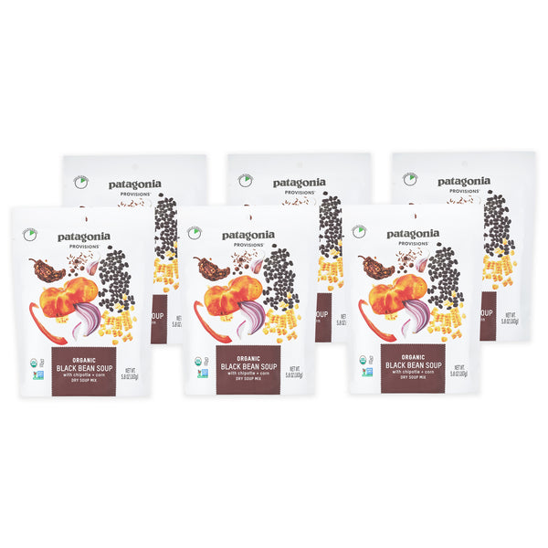 6 Packages of Patagonia Provisions Black Bean Soup on white background